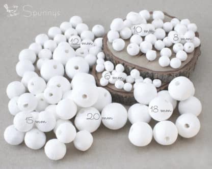 assortiment de boules en ouate de cellulose SPUNNYS diamètres 6 8 10 12 15 18 20 mm