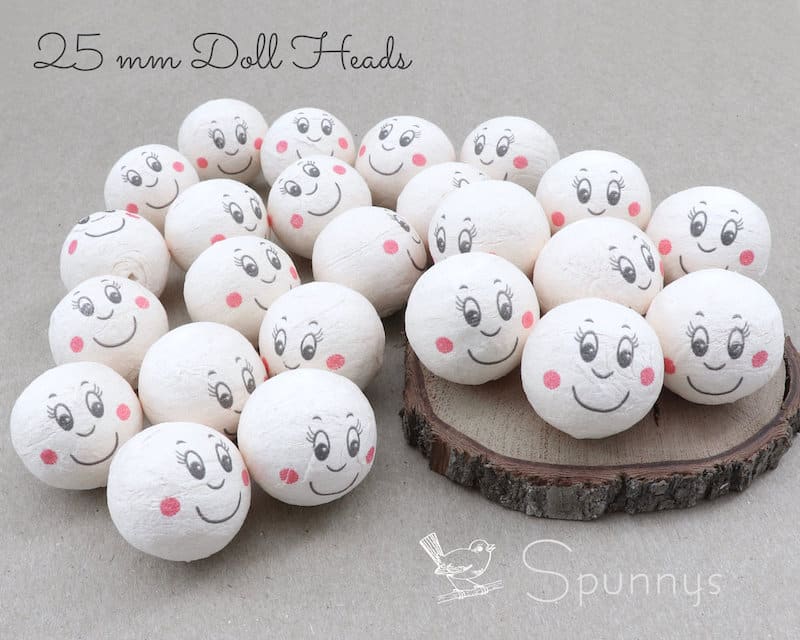 24 Spun Cotton Heads with Faces • ø 25mm cream • SPUNNYS